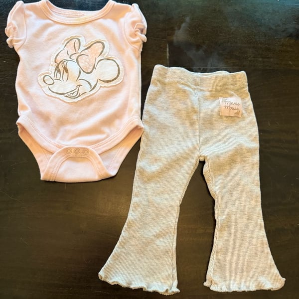 Disney Baby Minnie Mouse Pink Bodysuit and Gray Ribbed Pants Outfit Set