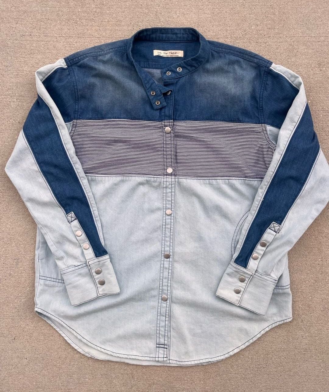 Free People We The Free Moto Colorblock Retro Streetwear Denim Shirt Small Blue 2