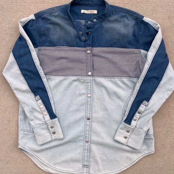 Free People We The Free Moto Colorblock Retro Streetwear Denim Shirt Small Blue