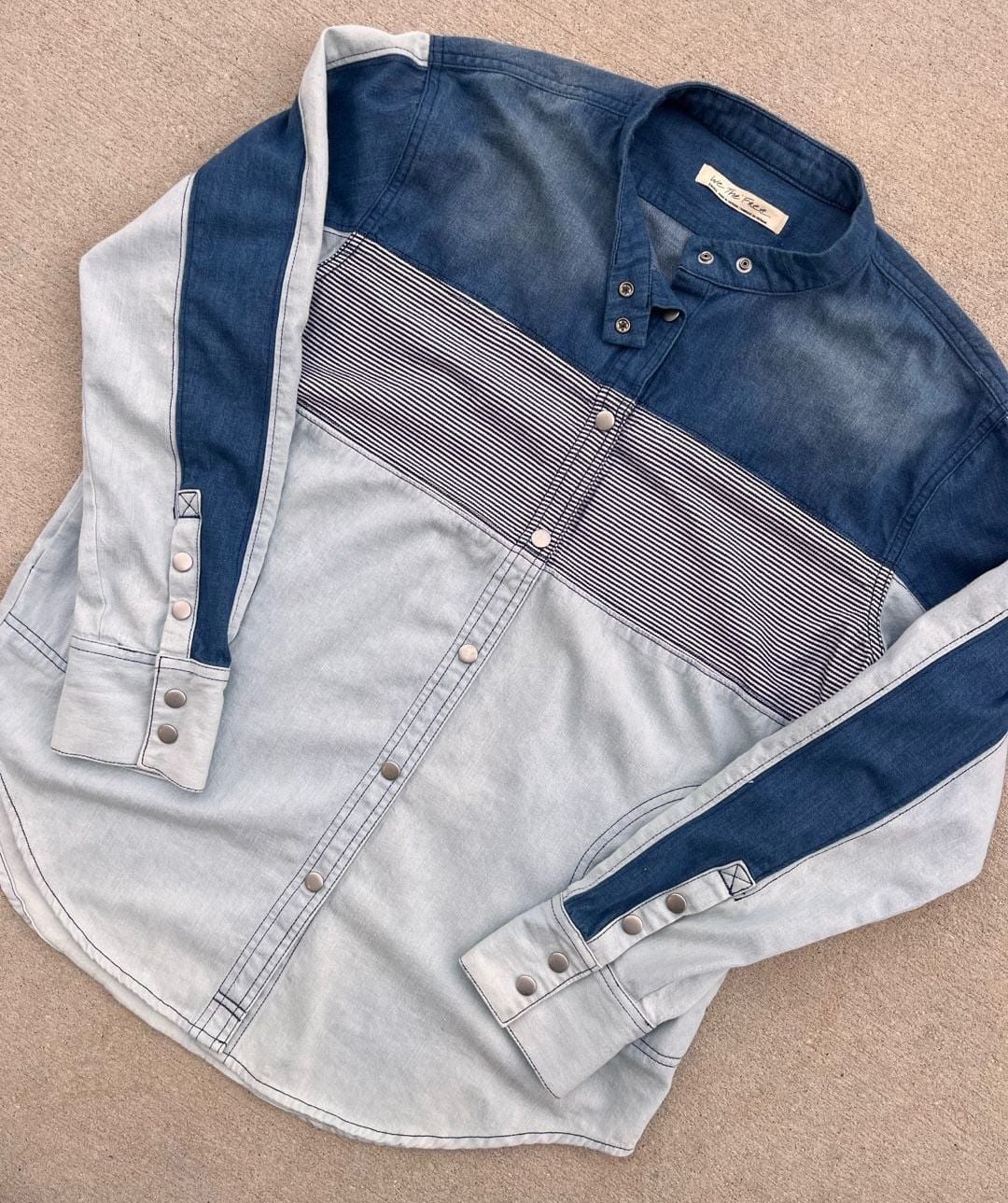 Free People We The Free Moto Colorblock Retro Streetwear Denim Shirt Small Blue 4