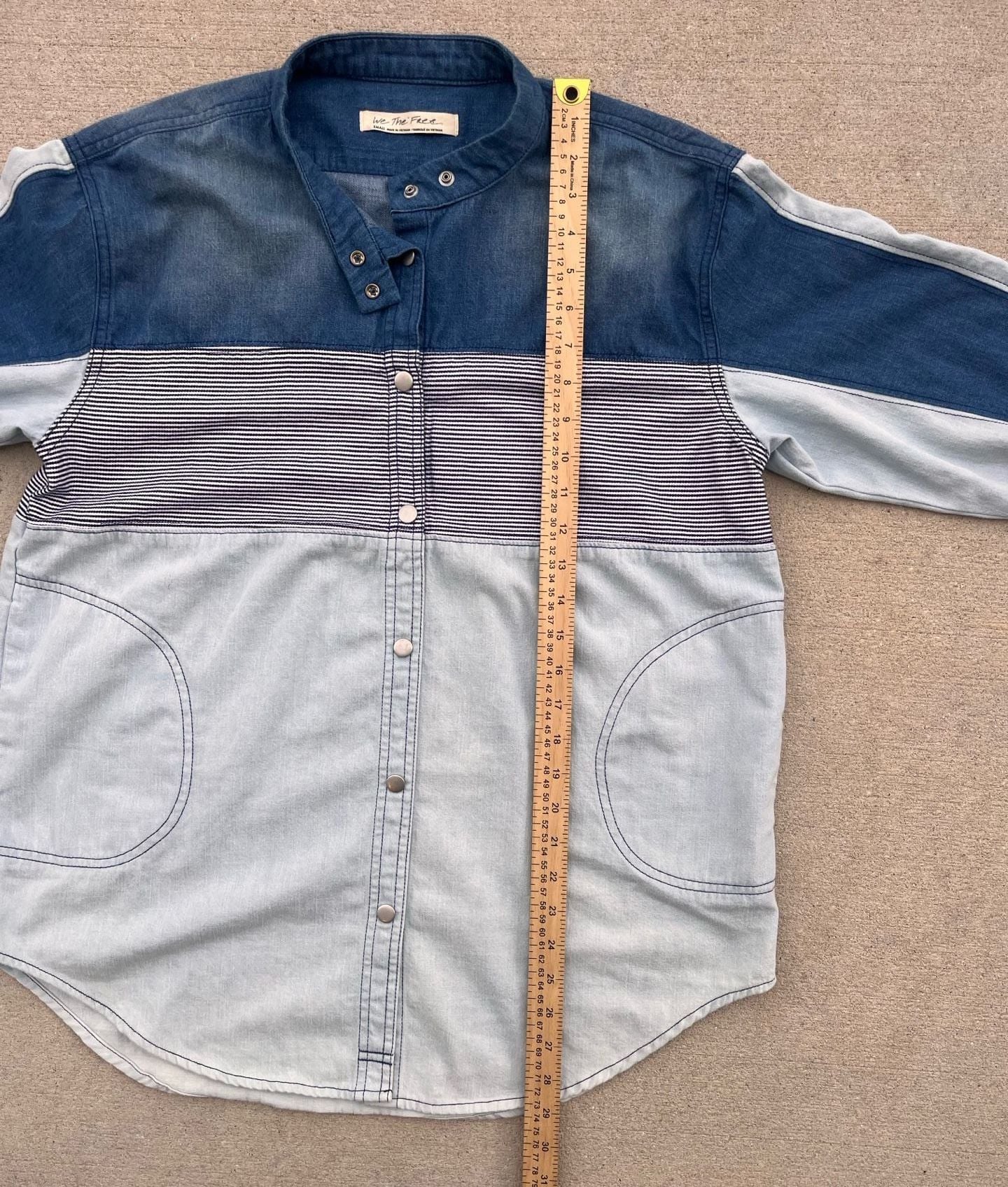 Free People We The Free Moto Colorblock Retro Streetwear Denim Shirt Small Blue 11