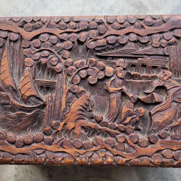 Antique Chinese Export Intricately Carved Wood Trinket Box 10"x6"x4" - ,
