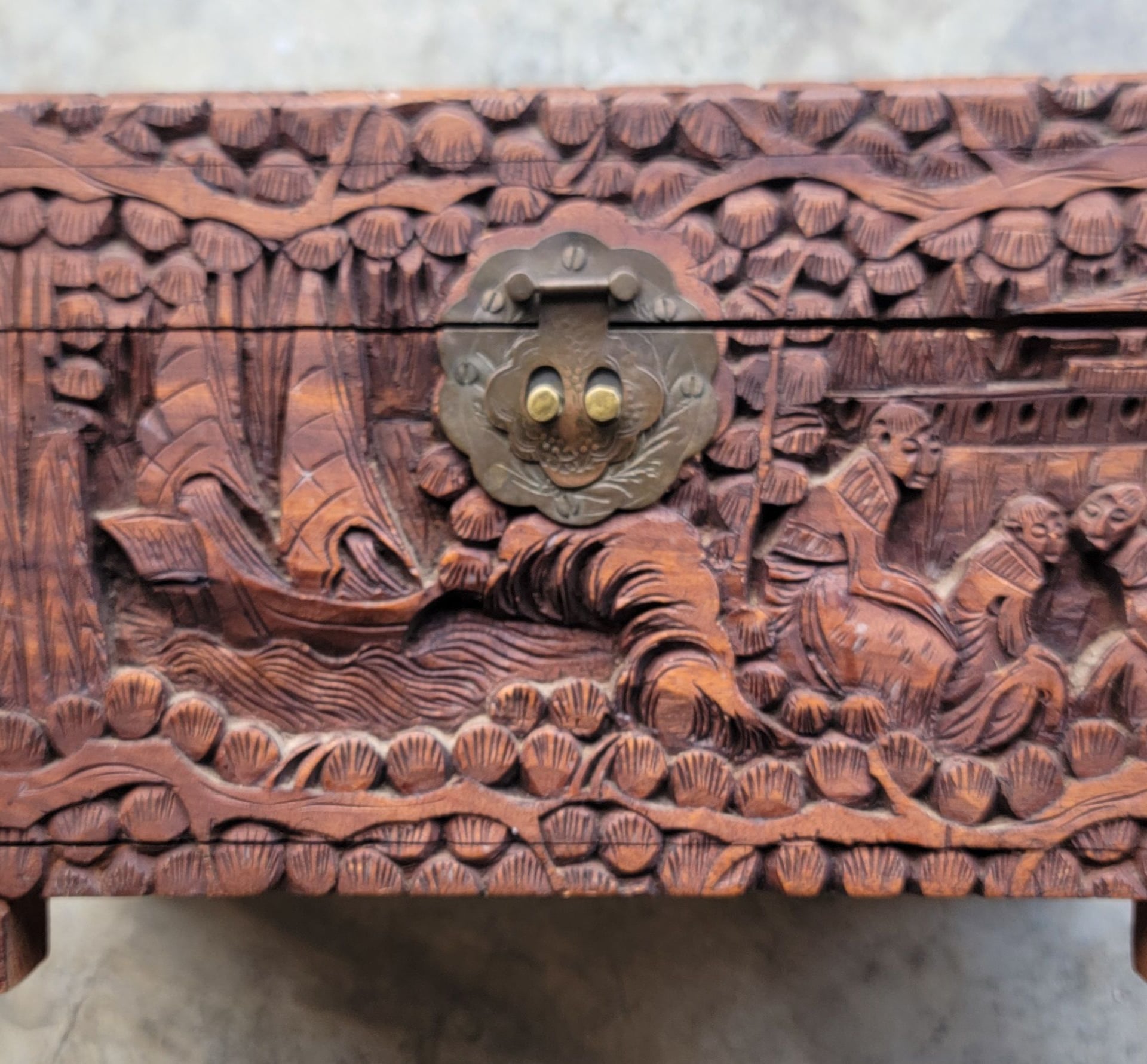 Antique Chinese Export Intricately Carved Wood Trinket Box 10"x6"x4" - , 2