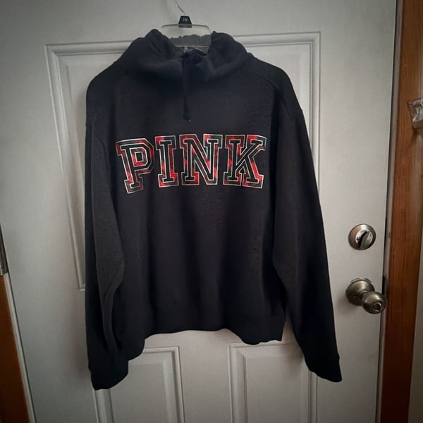 Victoria's Secret PINK Black Cowl Neck Hoodie with Red Plaid Graphic Logo