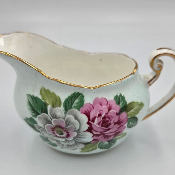 Paragon Fine Bone China Creamer with Pink and White Roses and Gold Gilt