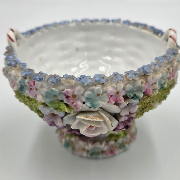 Vintage German Elfinware Porcelain Mini Basket with Applied Flowers and Moss