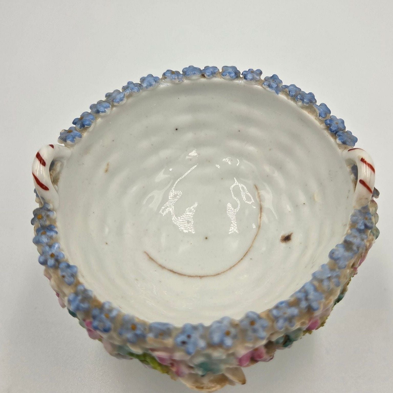 Vintage German Elfinware Porcelain Mini Basket with Applied Flowers and Moss 2