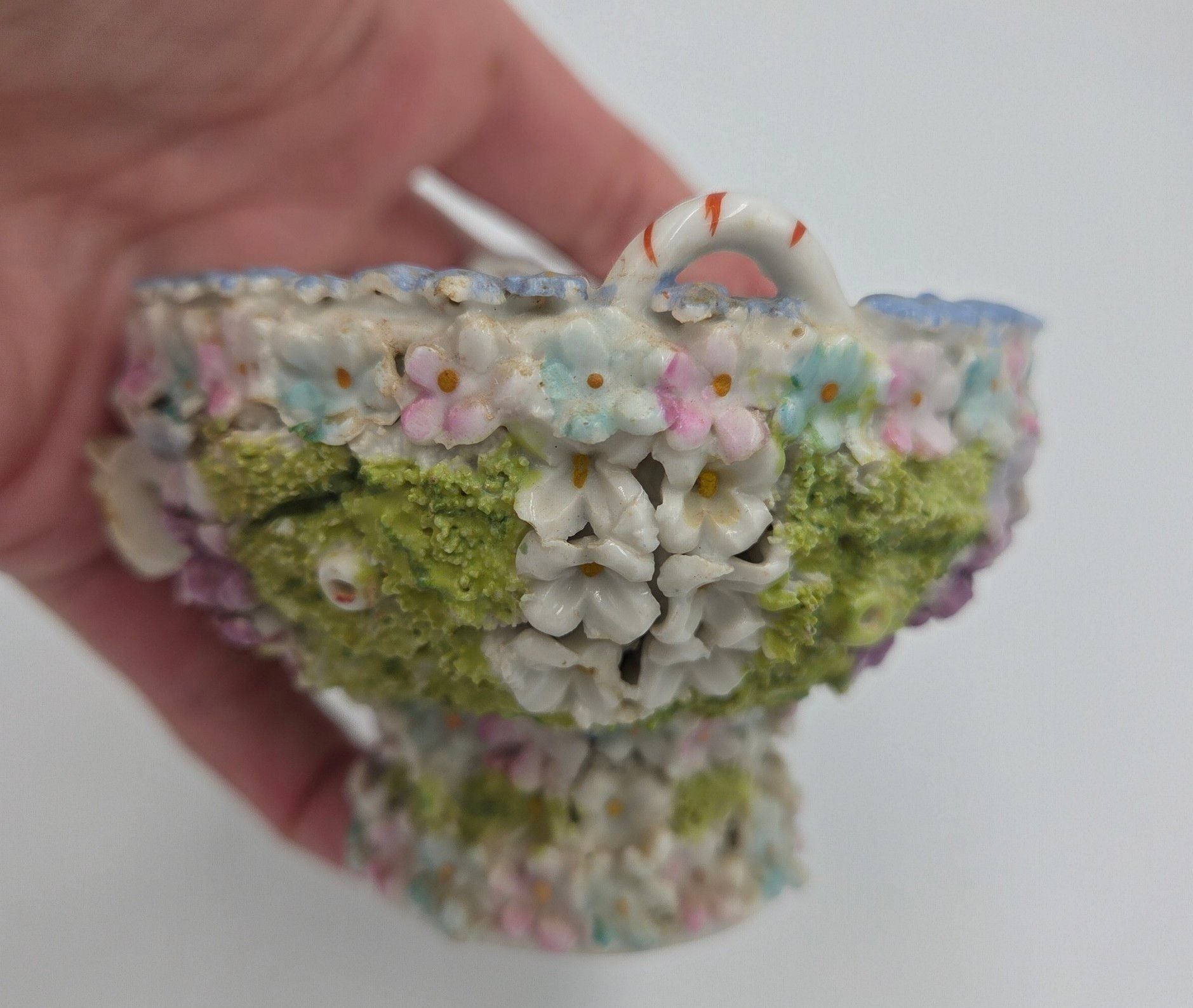 Vintage German Elfinware Porcelain Mini Basket with Applied Flowers and Moss 4