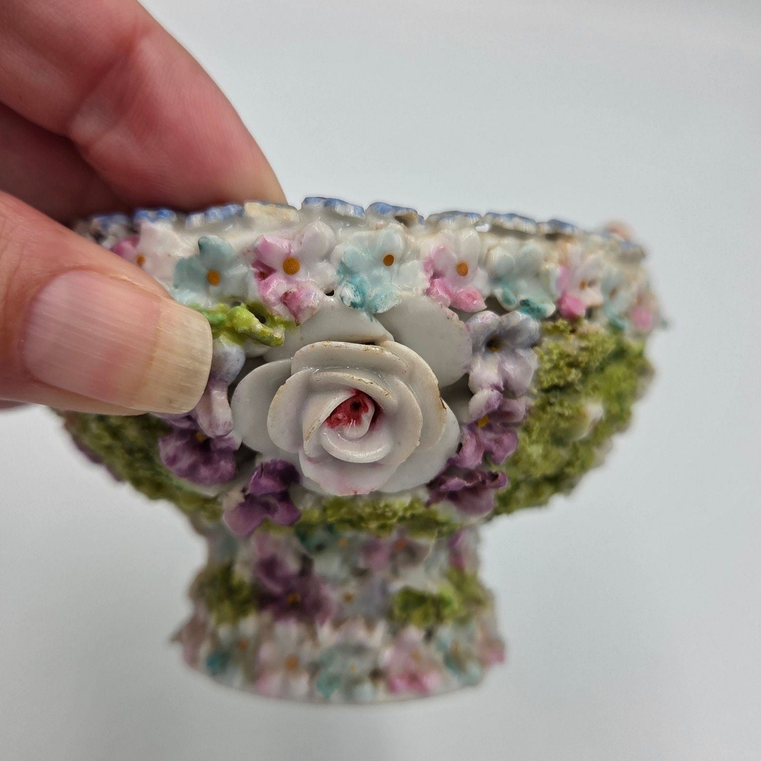 Vintage German Elfinware Porcelain Mini Basket with Applied Flowers and Moss 3