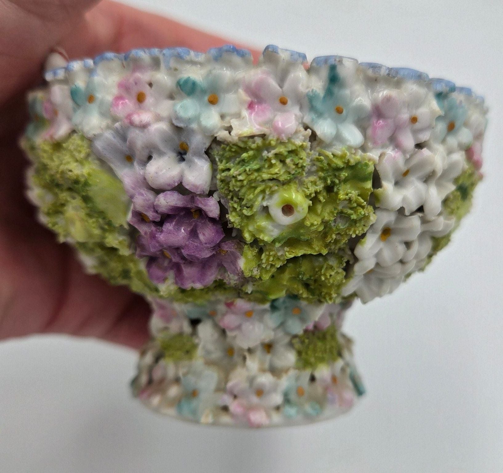 Vintage German Elfinware Porcelain Mini Basket with Applied Flowers and Moss 5