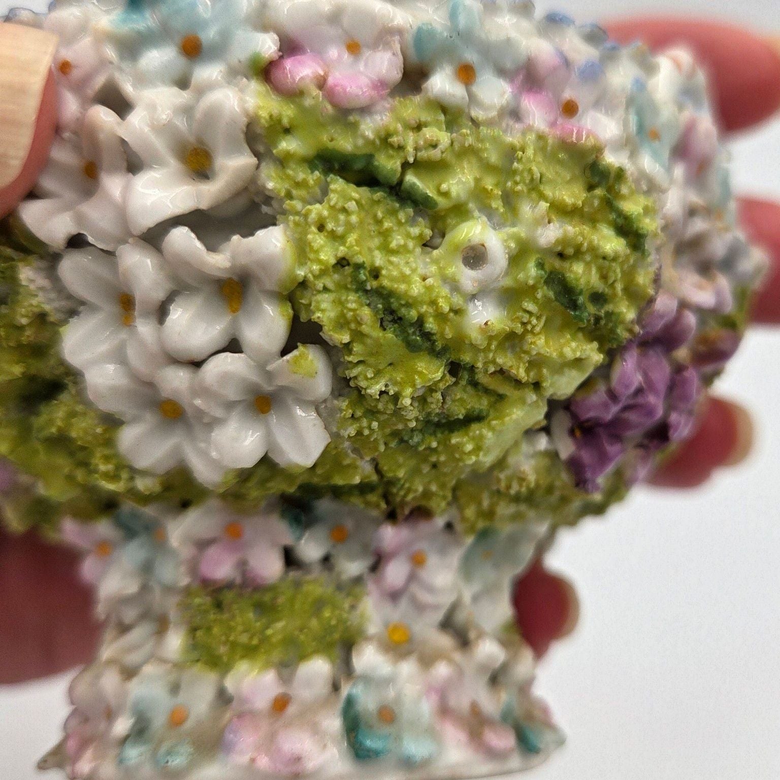 Vintage German Elfinware Porcelain Mini Basket with Applied Flowers and Moss 7