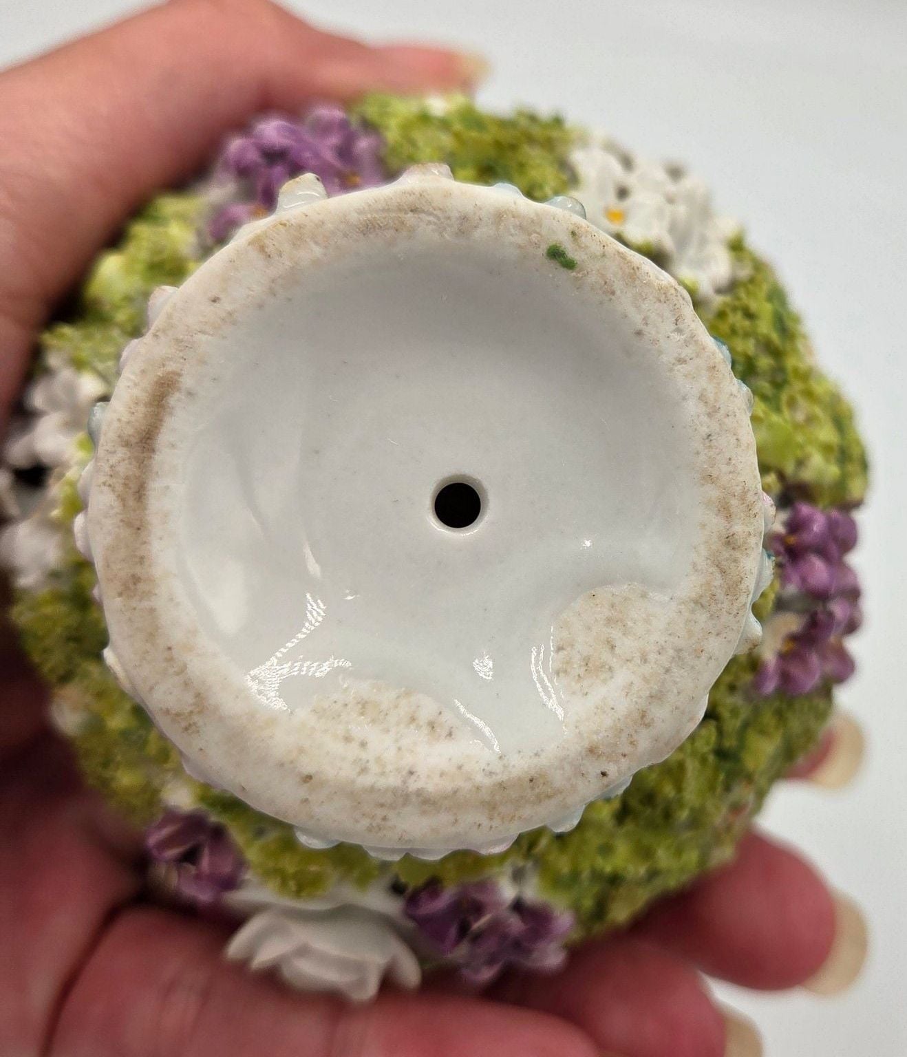 Vintage German Elfinware Porcelain Mini Basket with Applied Flowers and Moss 6