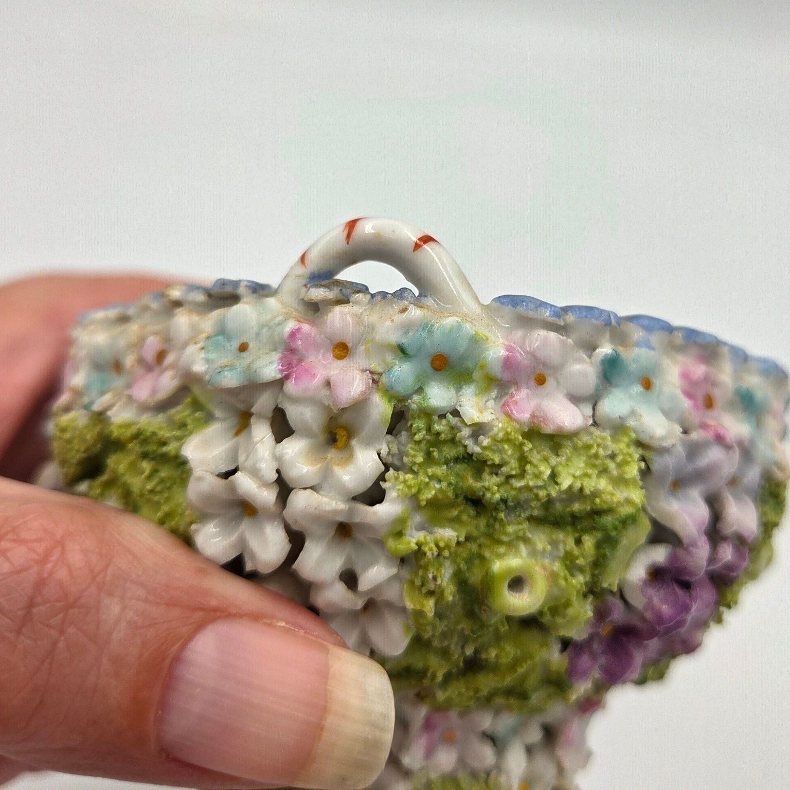 Vintage German Elfinware Porcelain Mini Basket with Applied Flowers and Moss 8