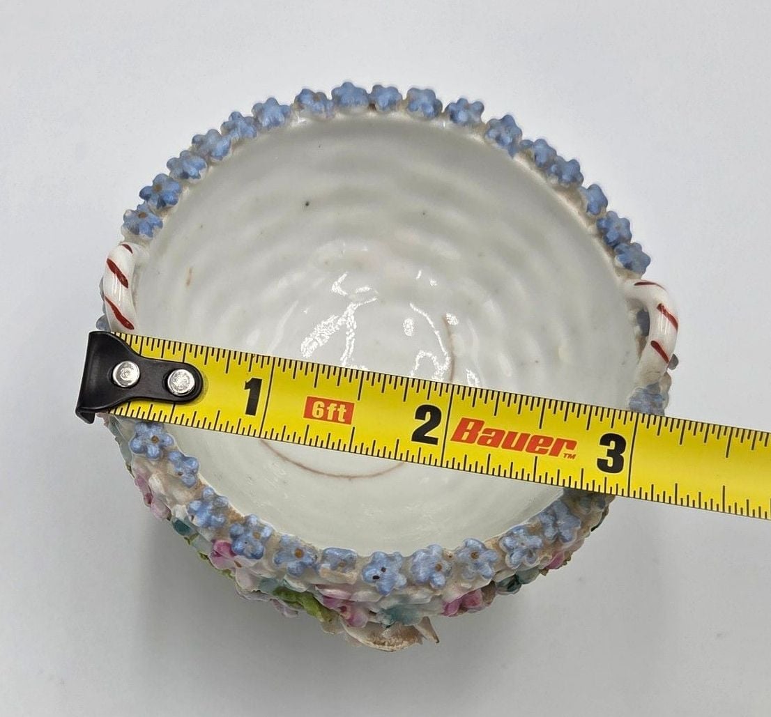 Vintage German Elfinware Porcelain Mini Basket with Applied Flowers and Moss 11