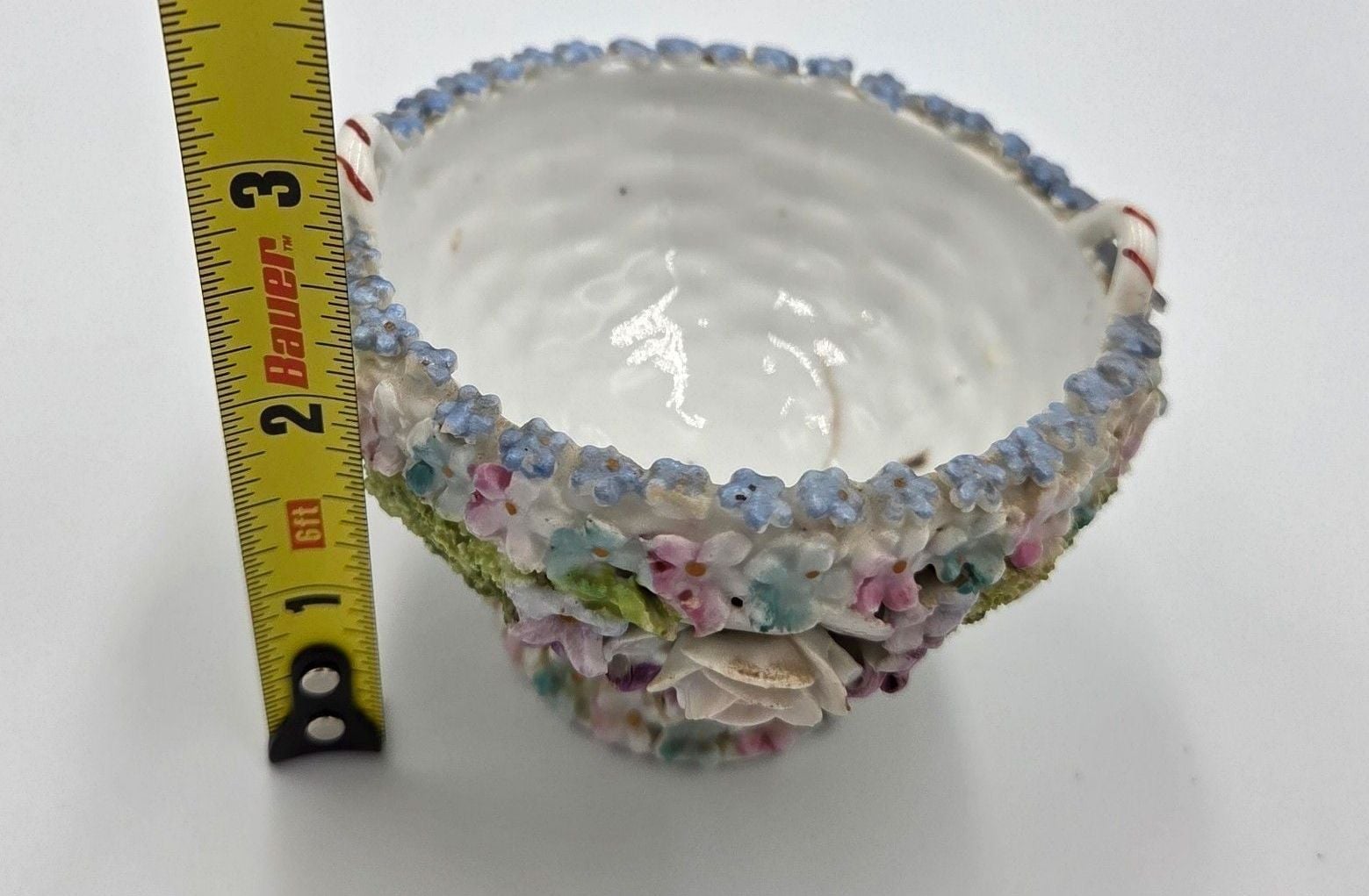 Vintage German Elfinware Porcelain Mini Basket with Applied Flowers and Moss 10