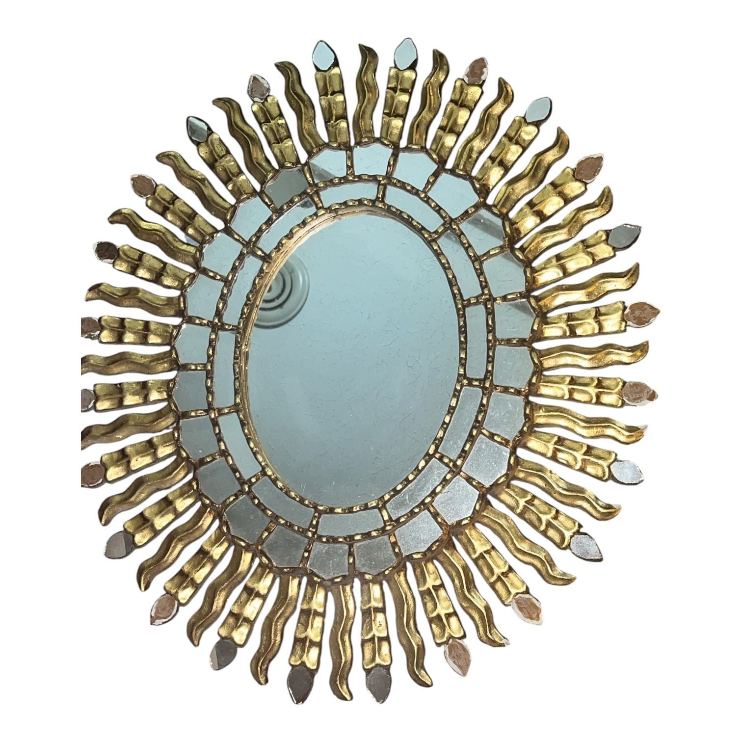 Vintage Gold Gilt Wood Sunburst Wall Mirror with Oval Center 1