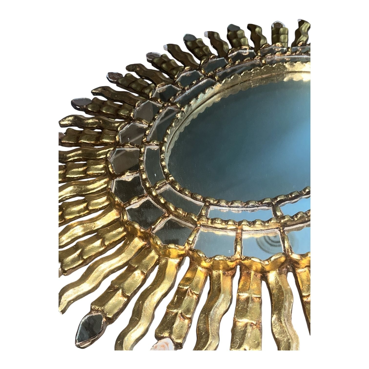Vintage Gold Gilt Wood Sunburst Wall Mirror with Oval Center 6