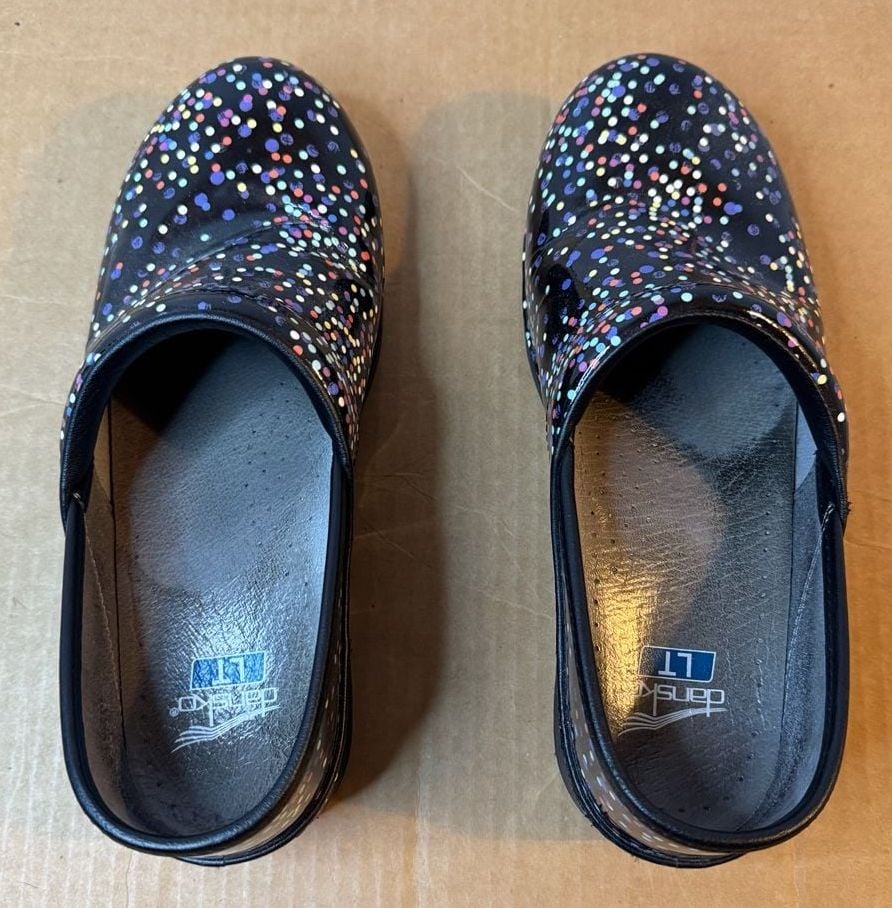 Dansko LT Pro Confetti Patent Leather Clogs Nursing Shoes Size 41 7