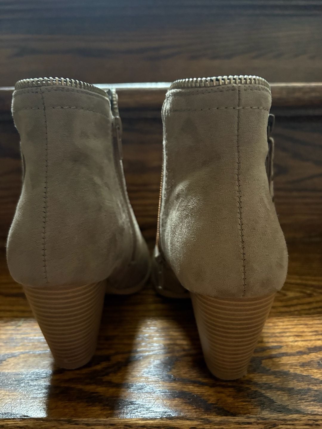 JustFab Taupe Faux Suede Side-Zip Block Heel Ankle Booties with Collar Zipper
5