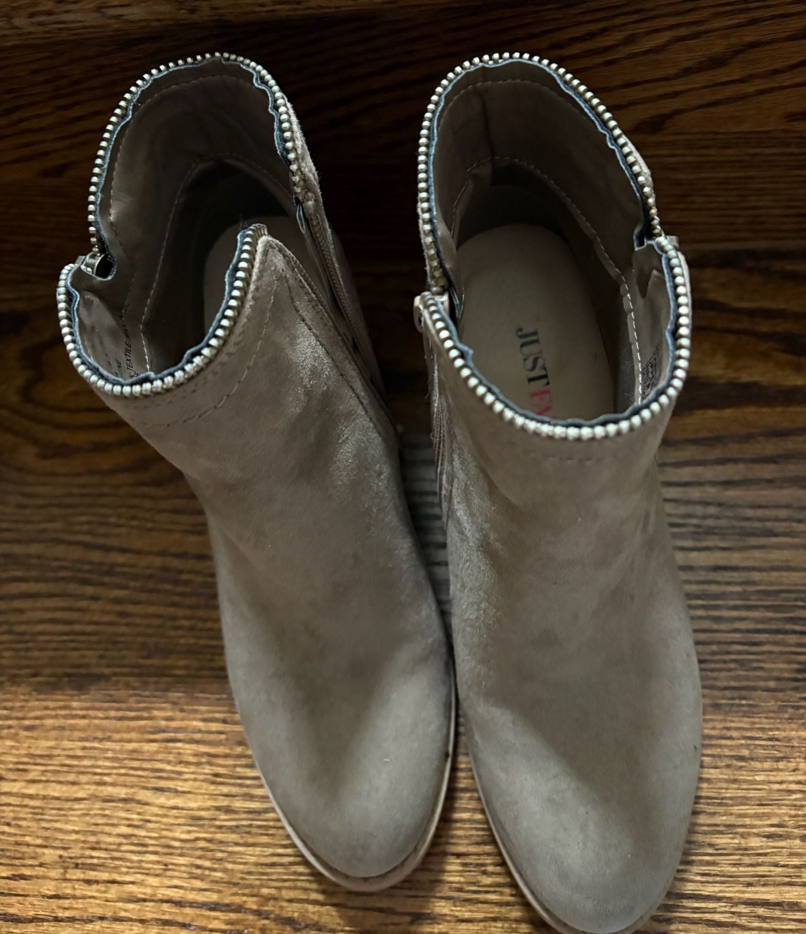 JustFab Taupe Faux Suede Side-Zip Block Heel Ankle Booties with Collar Zipper
7
