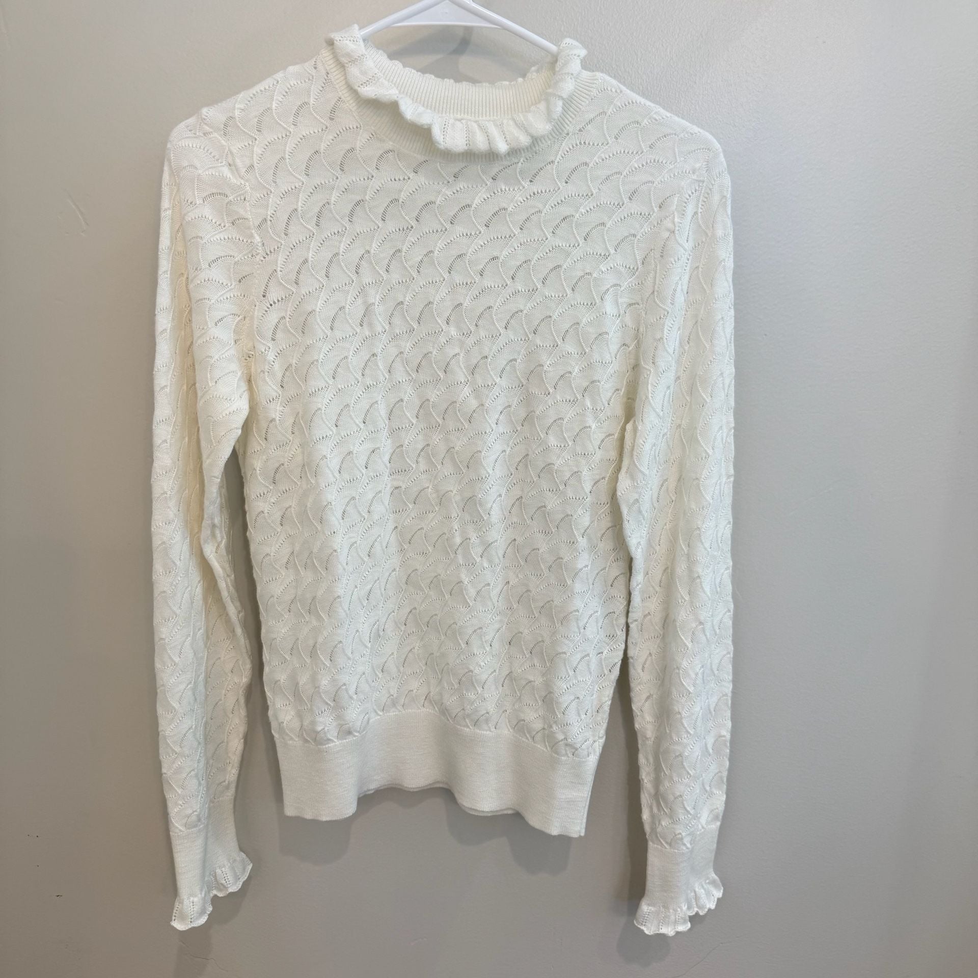 Sundance Cream Pointelle Knit Long Sleeve Sweater With Ruffle Mock Neck 2