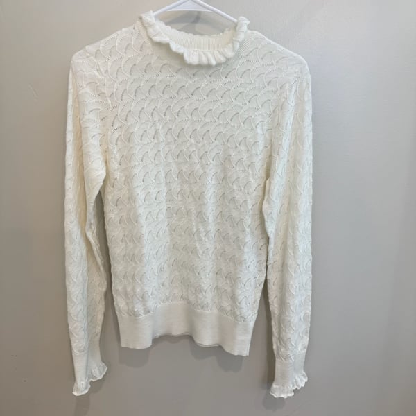 Sundance Cream Pointelle Knit Long Sleeve Sweater With Ruffle Mock Neck