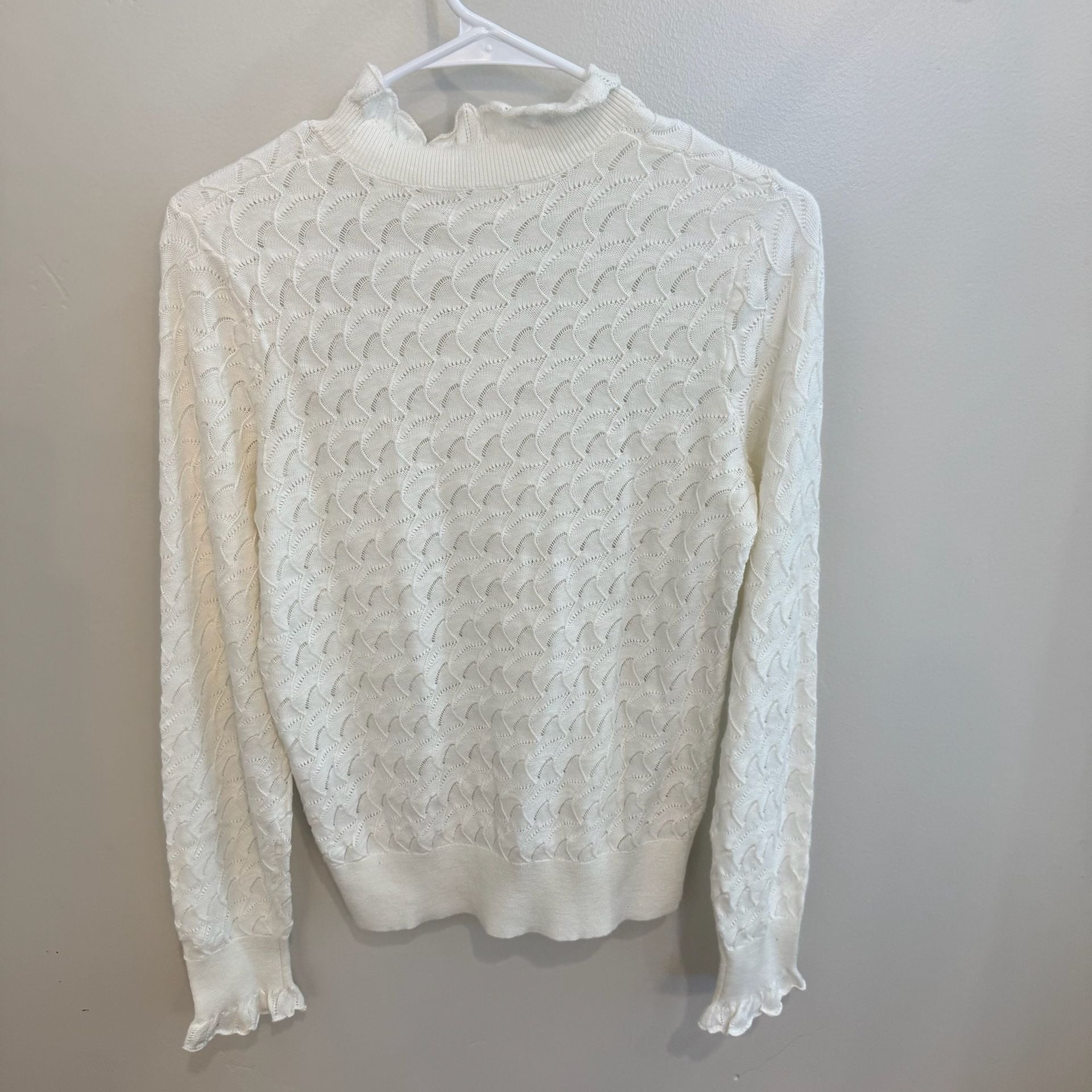 Sundance Cream Pointelle Knit Long Sleeve Sweater With Ruffle Mock Neck 6