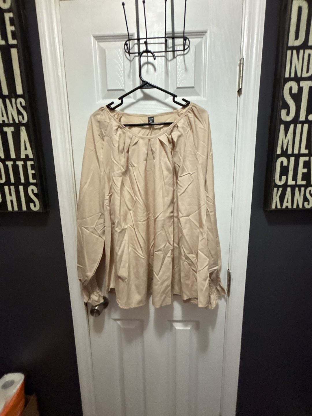 SHEIN Curve 4XL Pleated Neck Long Sleeve Blouse in Beige 2