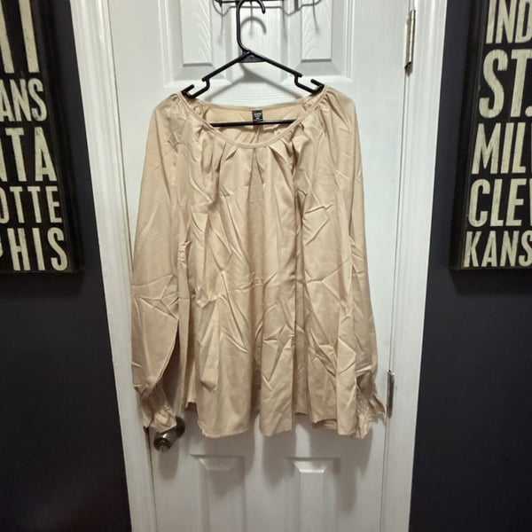 SHEIN Curve 4XL Pleated Neck Long Sleeve Blouse in Beige