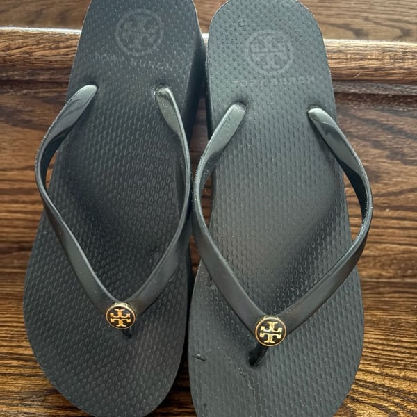 Tory Burch Black Rubber Wedge Flip Flops with Gold Logo Thong Sandals