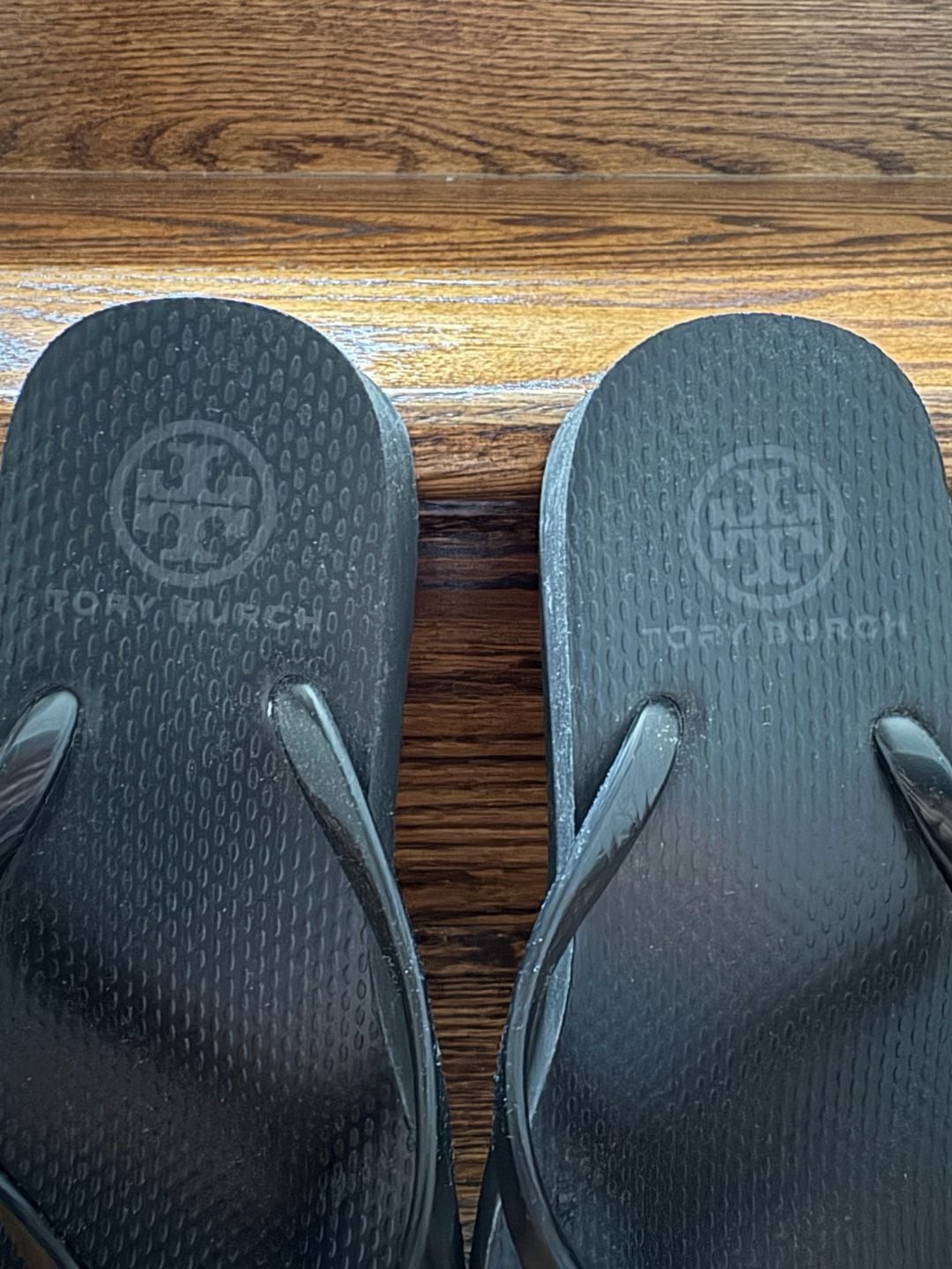 Tory Burch Black Rubber Wedge Flip Flops with Gold Logo Thong Sandals 7