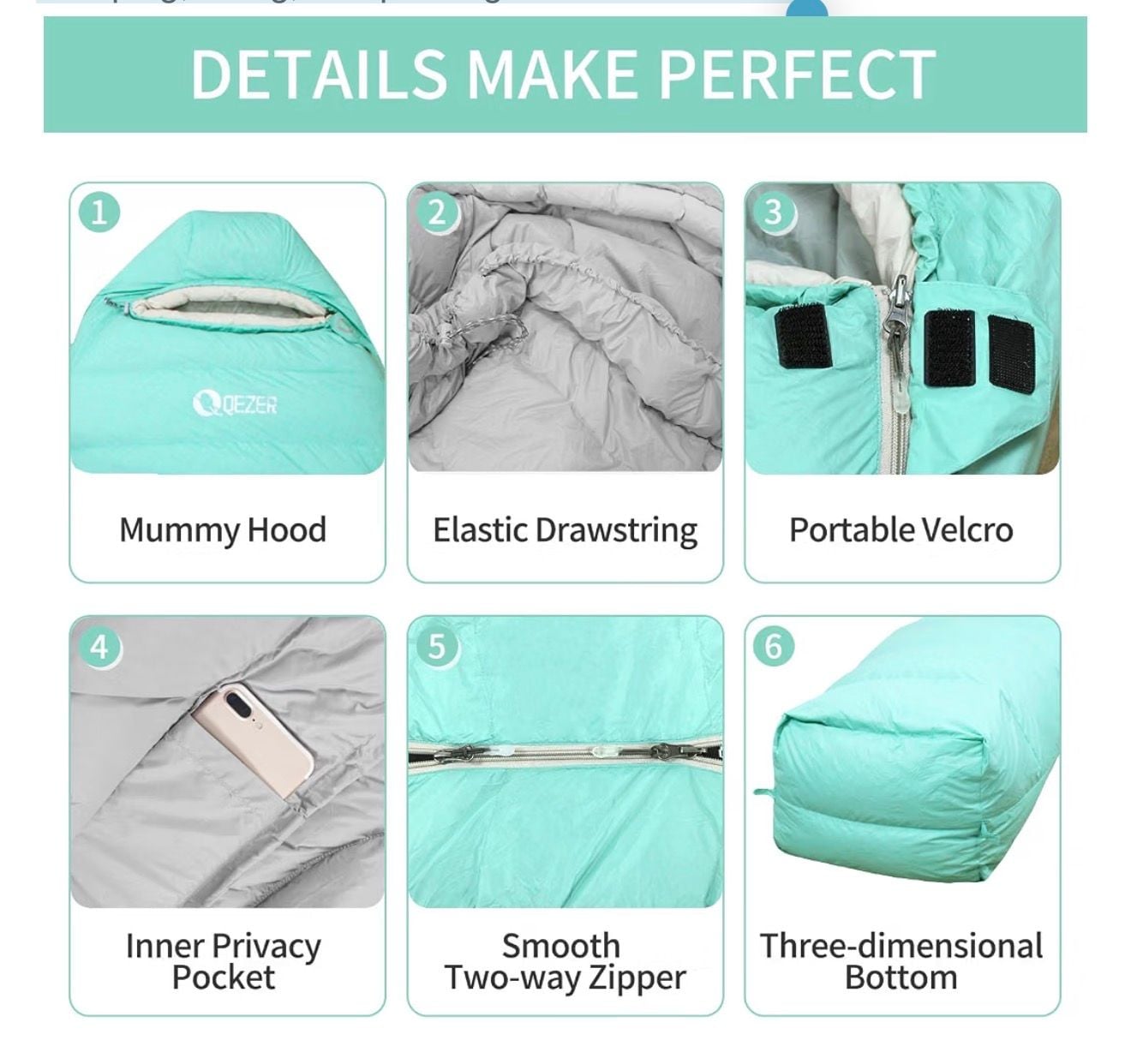 QEZER 600FP Duck Down Mummy Sleeping Bag, 400T Ripstop Nylon, Mint Green 3