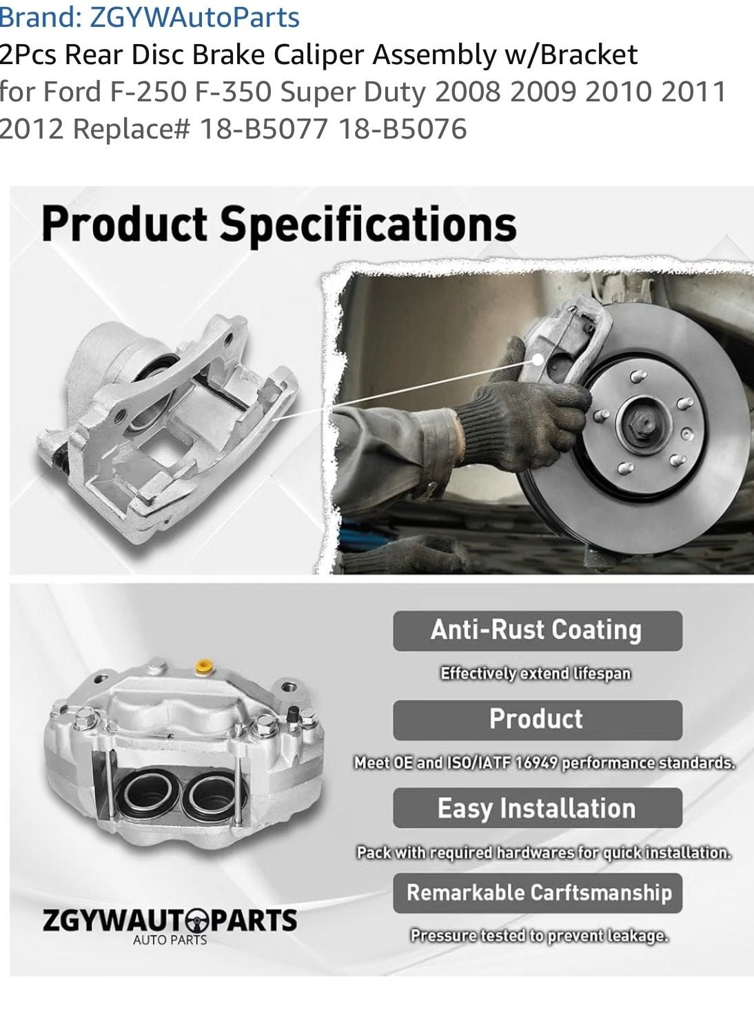 2Pcs Rear Disc Brake Caliper Assembly w/Bracket for Ford F-250 F-350 Super Duty 6