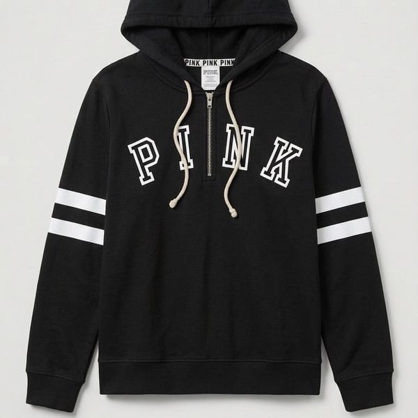 Y2K Pink Victoria's Secret Black Zip Hoodie Sweatshirt Size Xs
