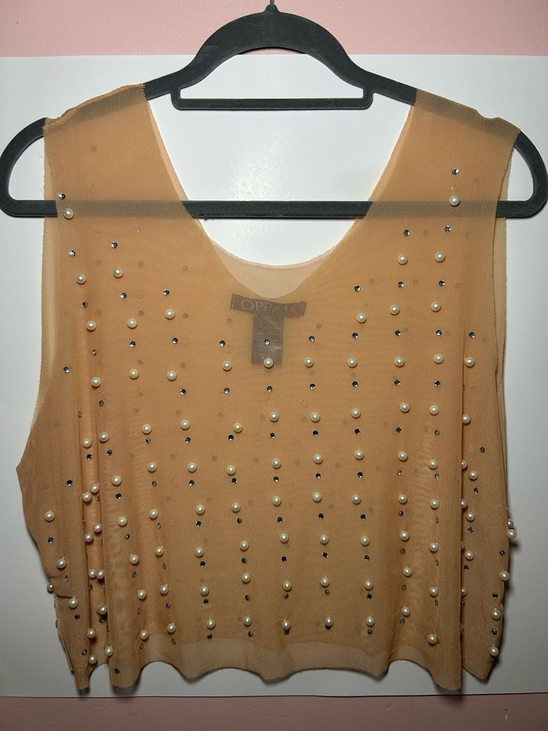 OPPA! Peach Mesh Pearl and Rhinestone Embellished Tank Top| Size 1X 2