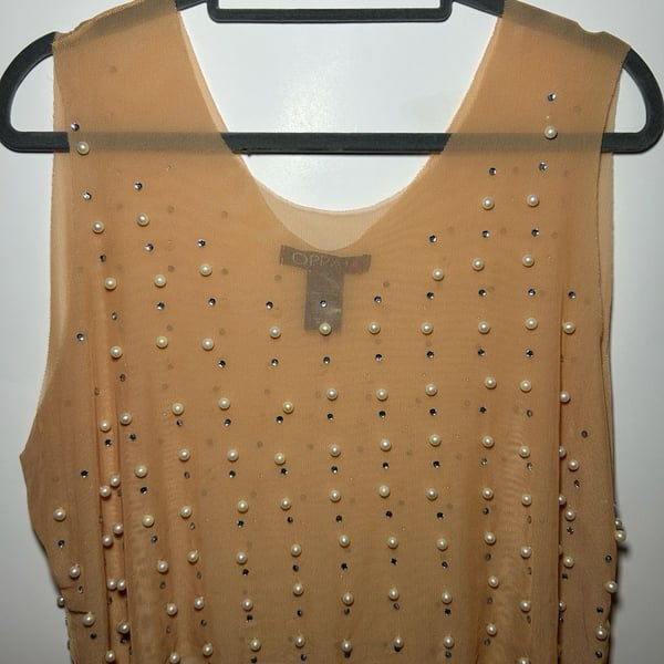 OPPA! Peach Mesh Pearl and Rhinestone Embellished Tank Top| Size 1X