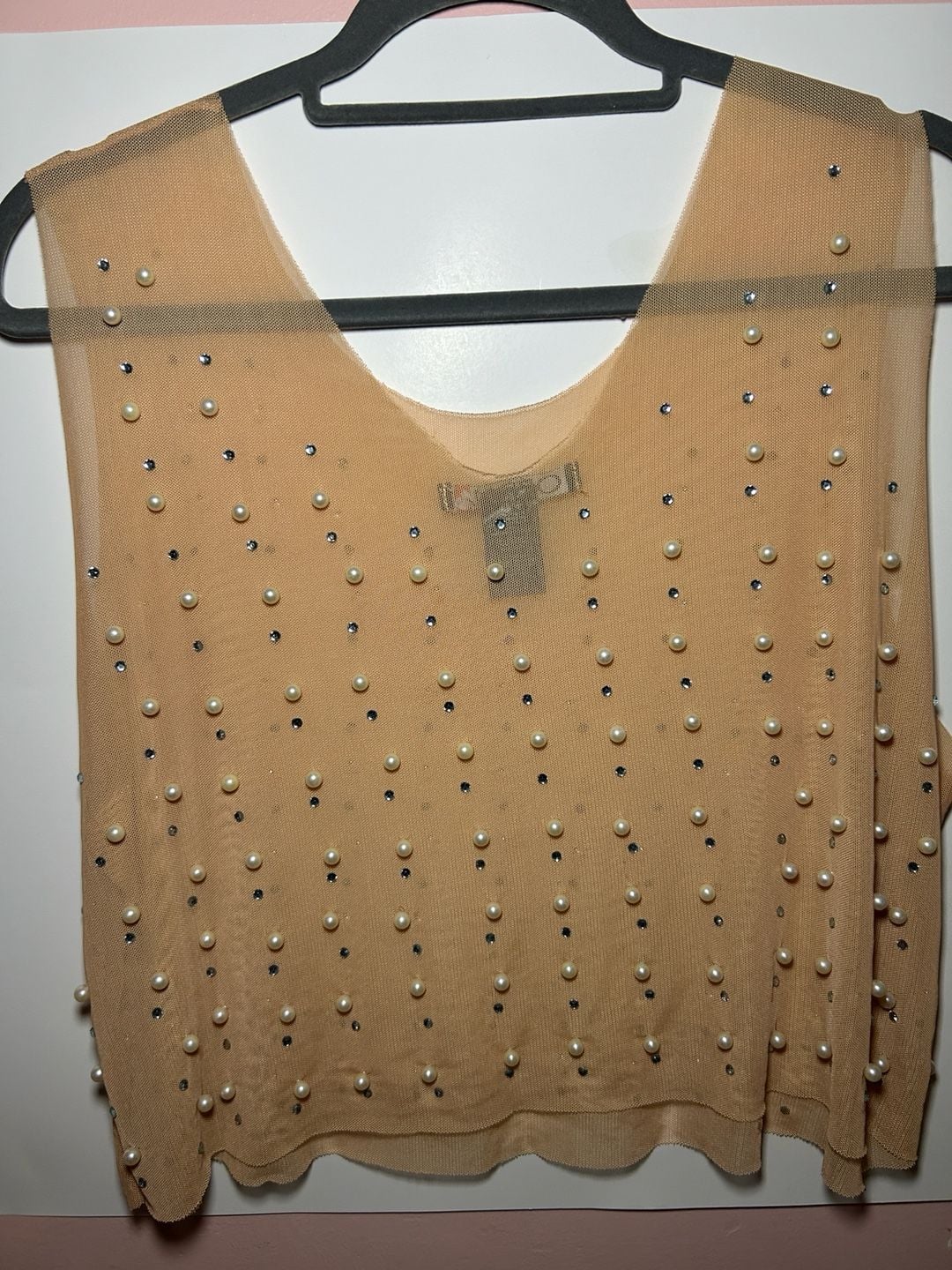 OPPA! Peach Mesh Pearl and Rhinestone Embellished Tank Top| Size 1X 3