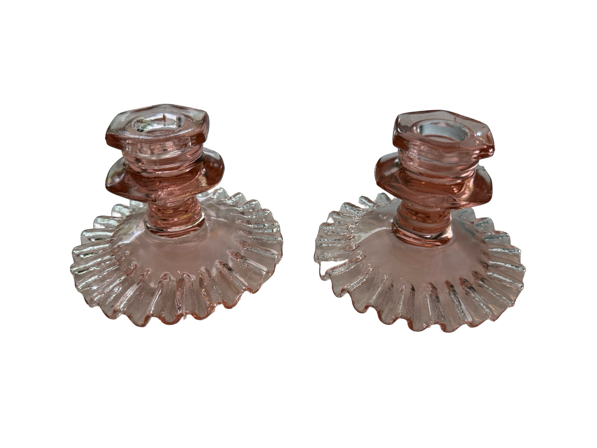 Vintage Pink Depression Glass Candlesticks Pair Ruffled Base 1