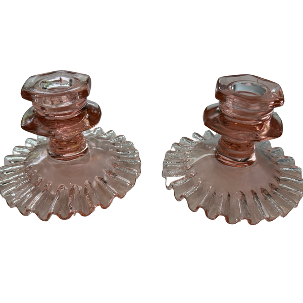 Vintage Pink Depression Glass Candlesticks Pair Ruffled Base