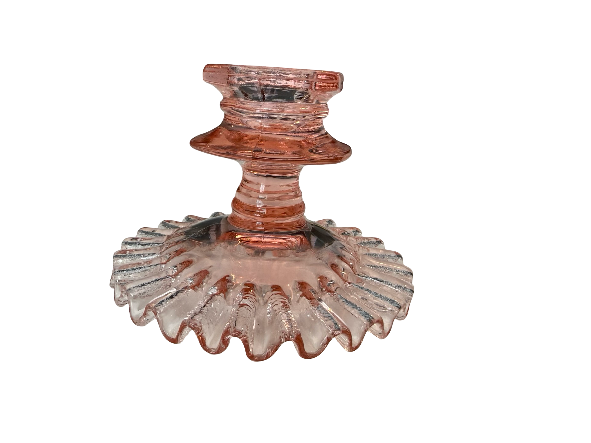 Vintage Pink Depression Glass Candlesticks Pair Ruffled Base 2