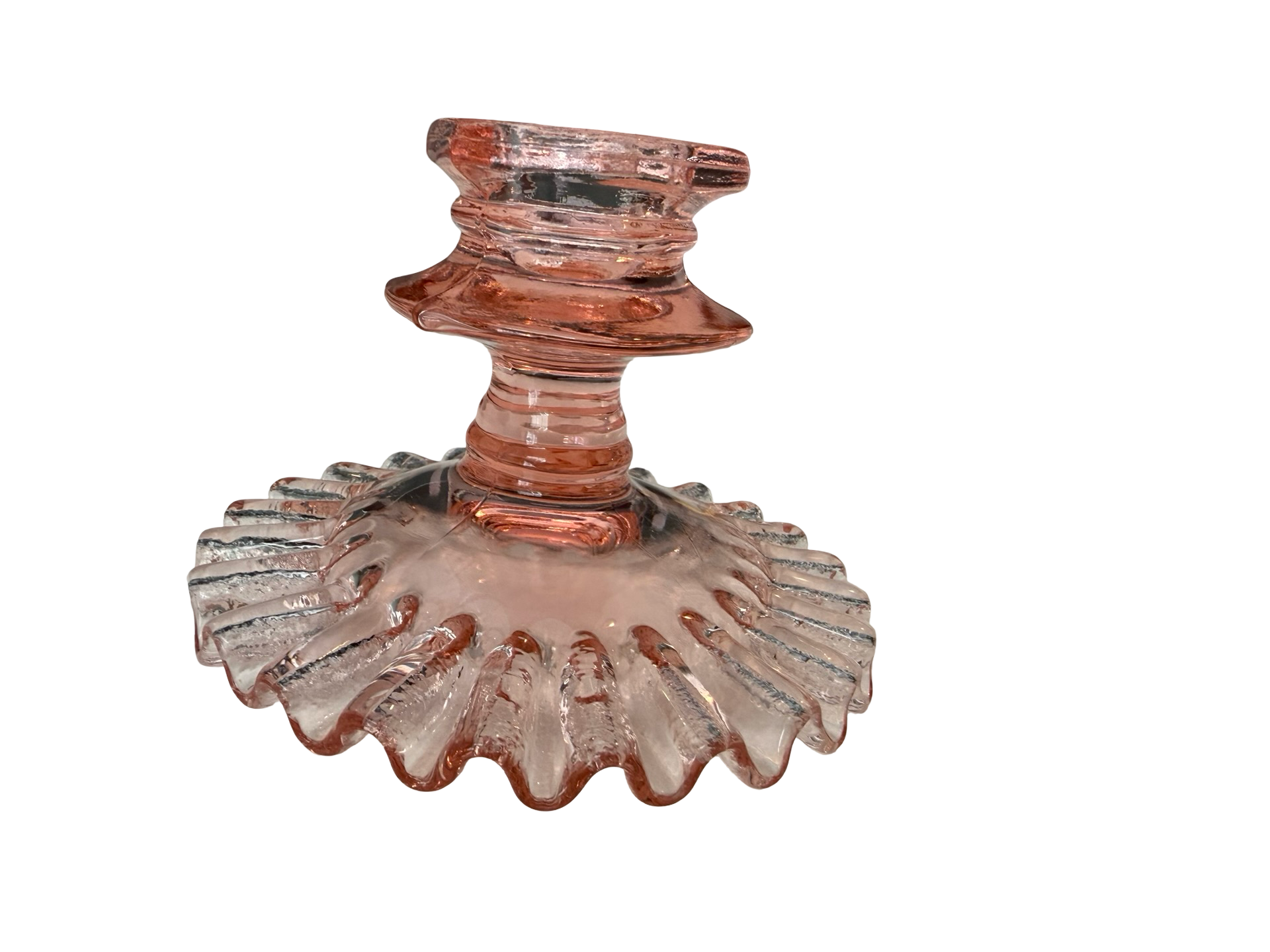Vintage Pink Depression Glass Candlesticks Pair Ruffled Base 3