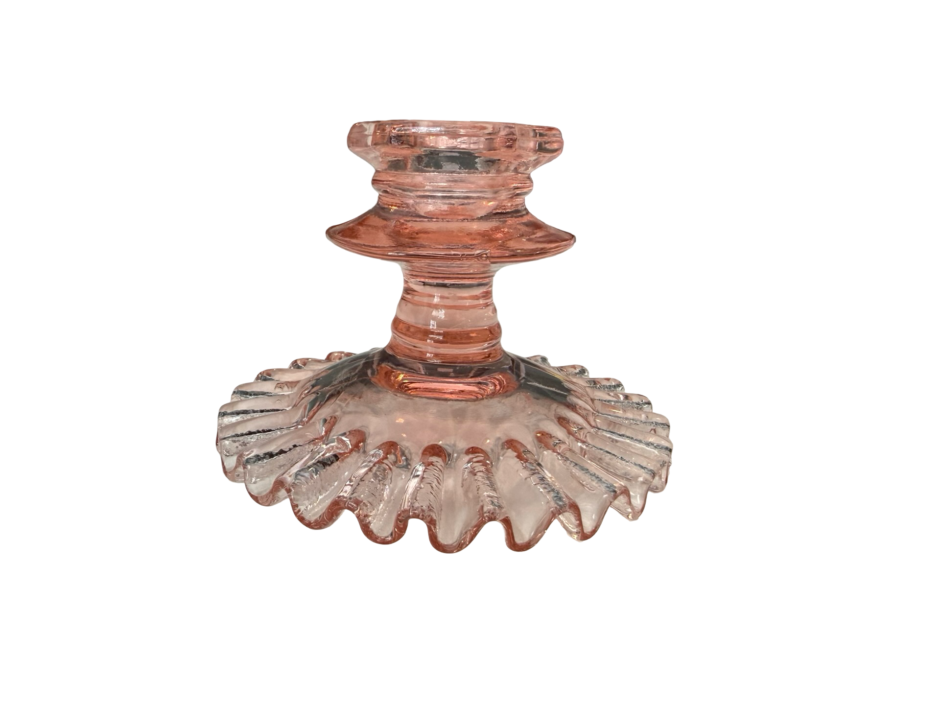 Vintage Pink Depression Glass Candlesticks Pair Ruffled Base 5
