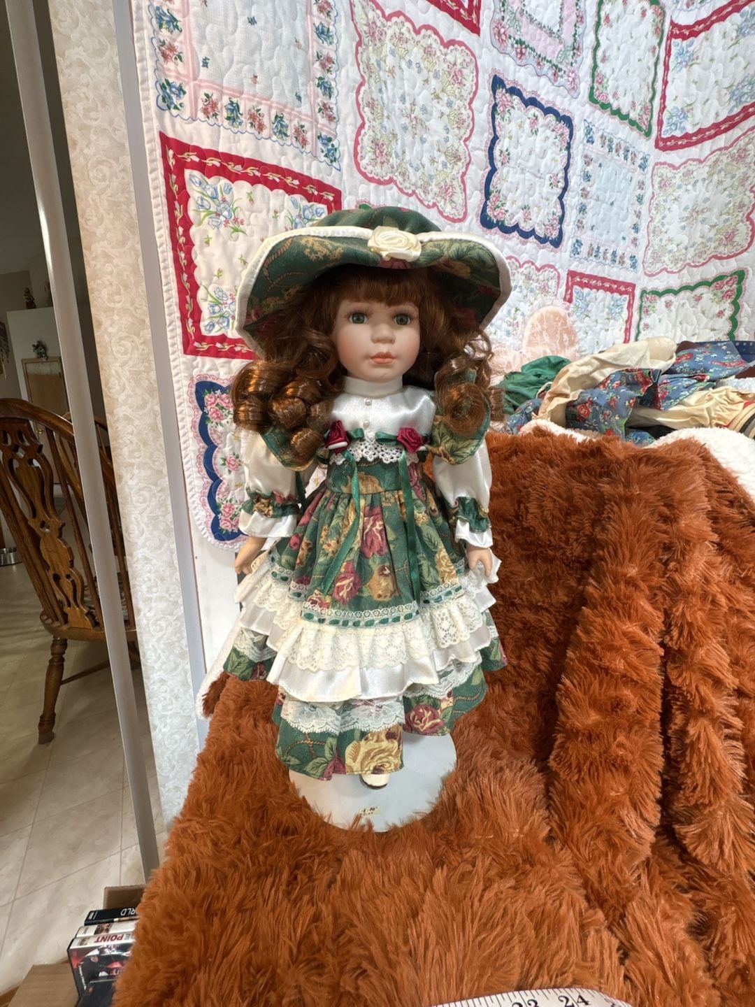D8 Vintage Porcelain Collector Doll with Green Floral Dress and Matching Hat 1
