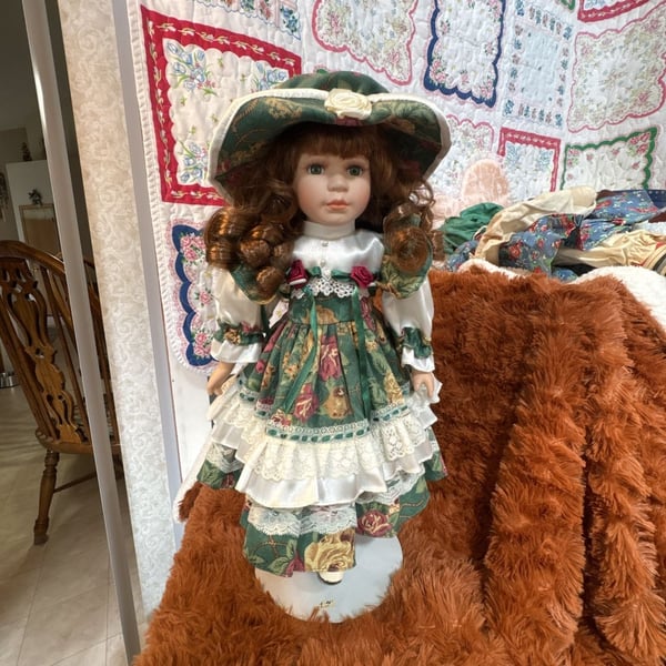 D8 Vintage Porcelain Collector Doll with Green Floral Dress and Matching Hat