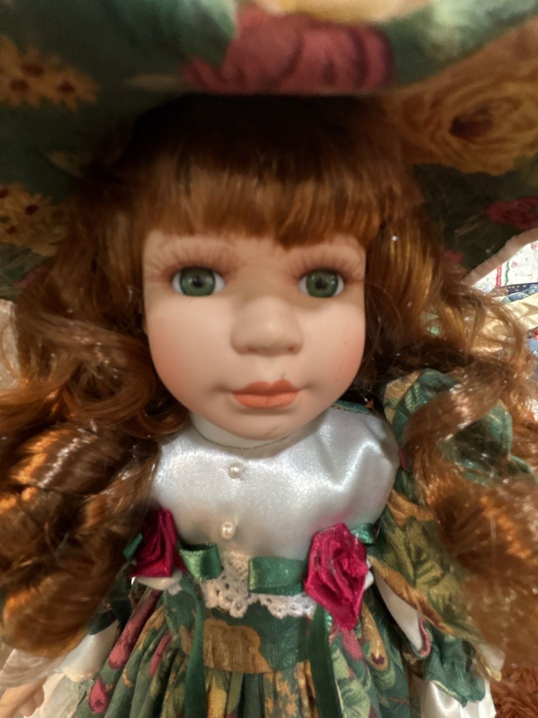 D8 Vintage Porcelain Collector Doll with Green Floral Dress and Matching Hat 2