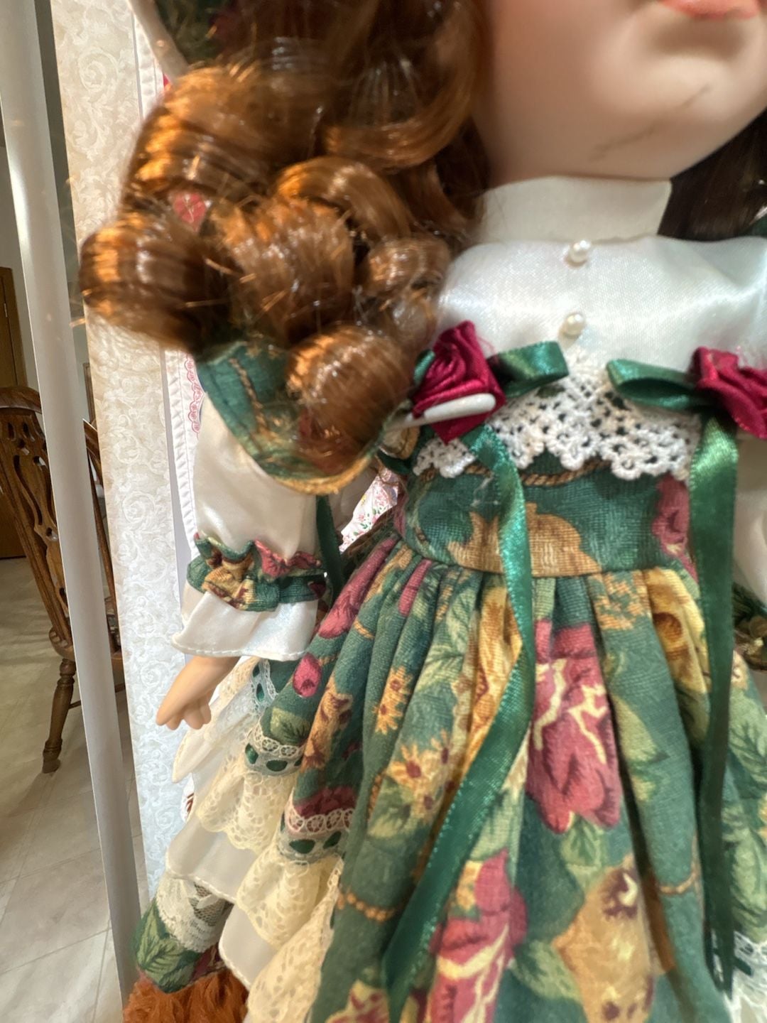 D8 Vintage Porcelain Collector Doll with Green Floral Dress and Matching Hat 3