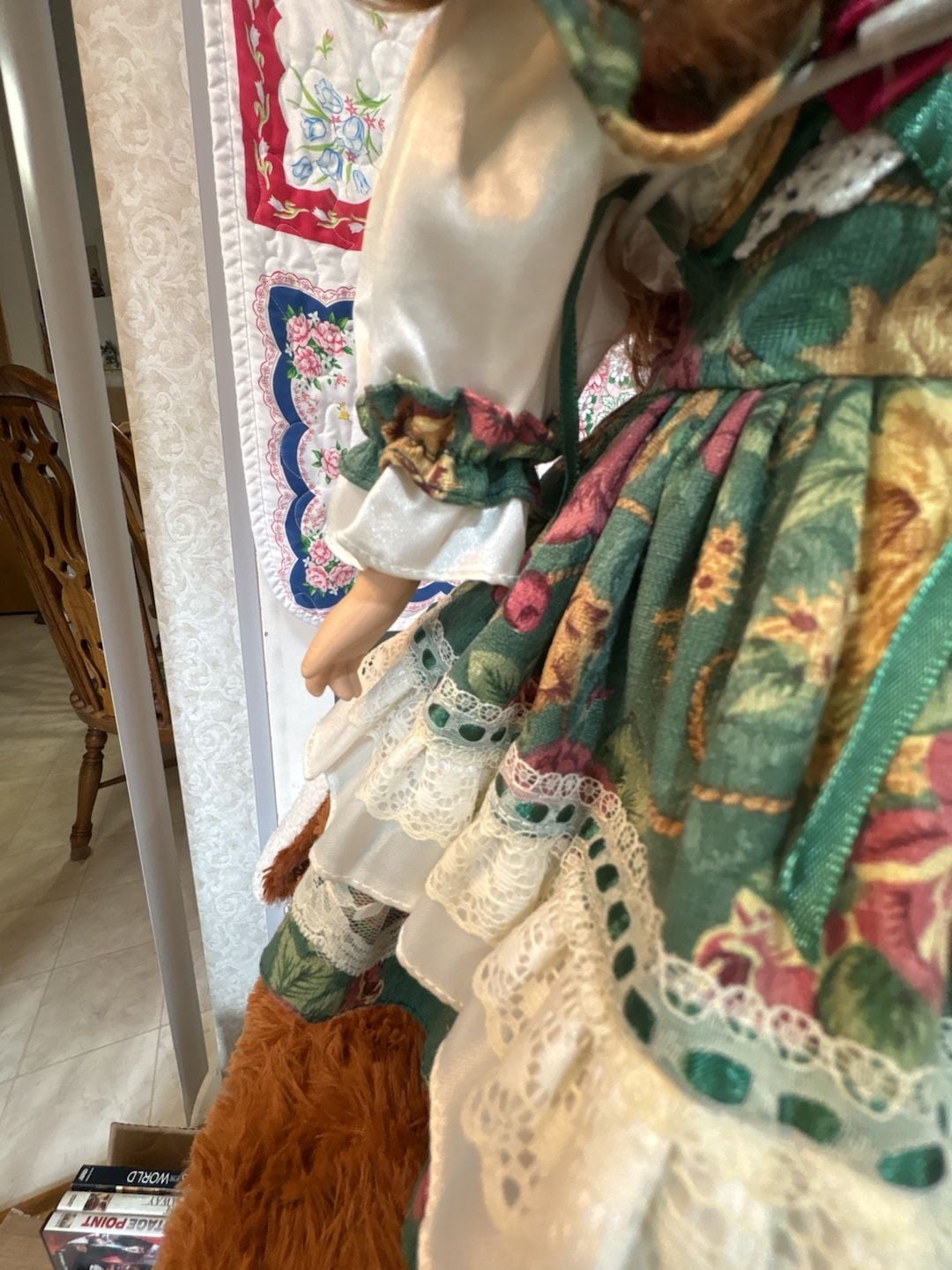 D8 Vintage Porcelain Collector Doll with Green Floral Dress and Matching Hat 4