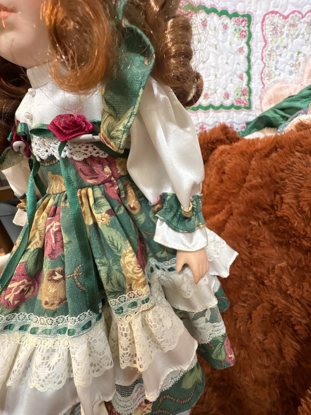 D8 Vintage Porcelain Collector Doll with Green Floral Dress and Matching Hat 6
