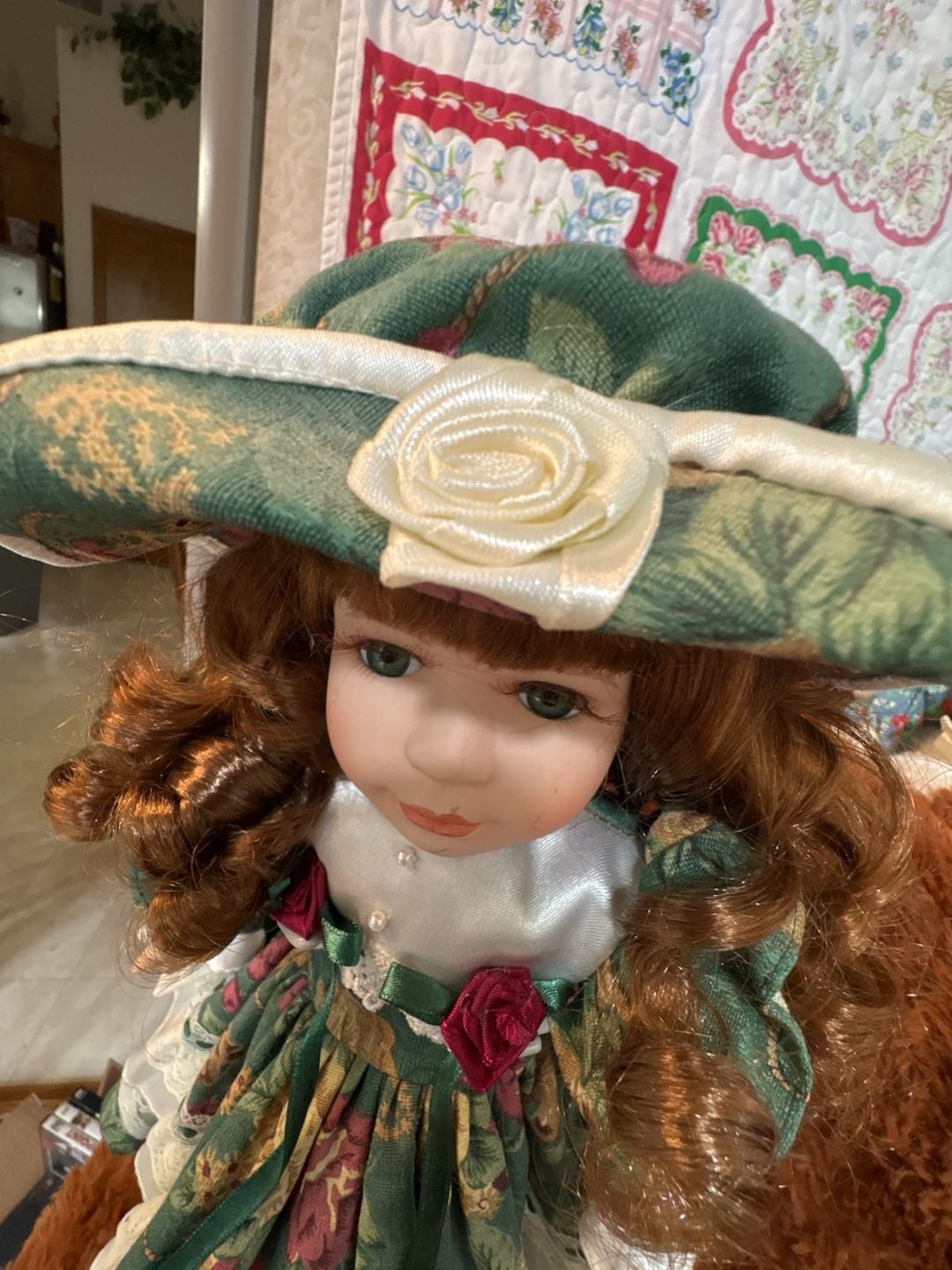 D8 Vintage Porcelain Collector Doll with Green Floral Dress and Matching Hat 7
