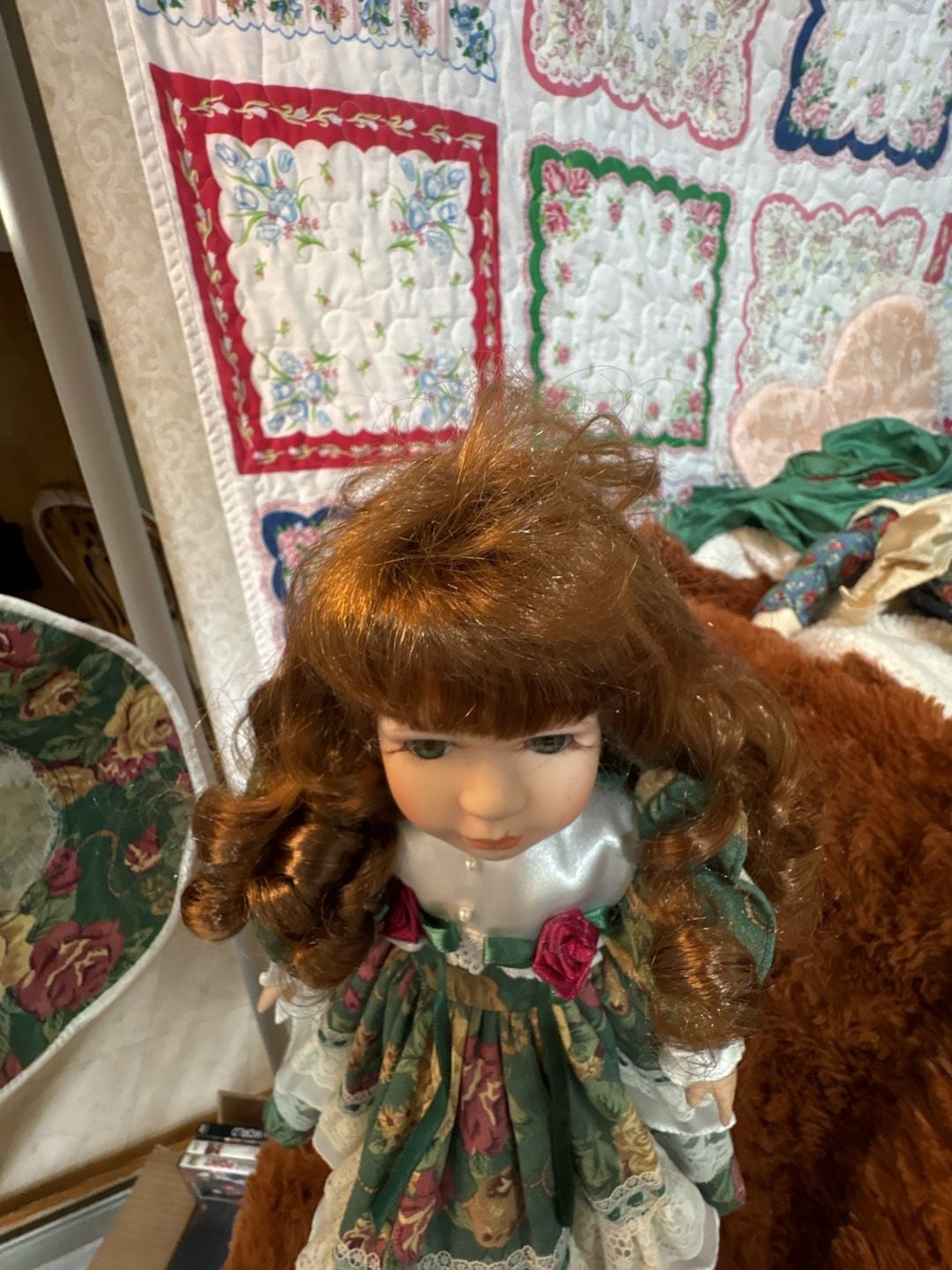 D8 Vintage Porcelain Collector Doll with Green Floral Dress and Matching Hat 8